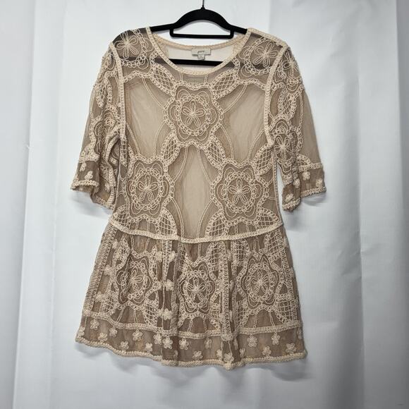 YAIRA Womens XL Sheer Beige Lace Elbow Sleeve Peplum Tunic Top Shirt NWT Boho - Picture 1 of 10